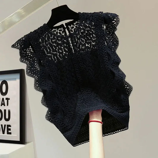 Women Casual Sleeveless Hollowed-out Black Lace Blouse
