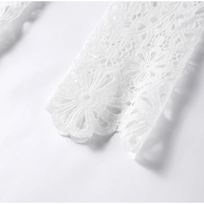 Summer Vacation See Through Crochet Top Women Set Hallow Out Flare Long Sleeve Skirts Set