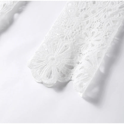 Summer Vacation See Through Crochet Top Women Set Hallow Out Flare Long Sleeve Skirts Set