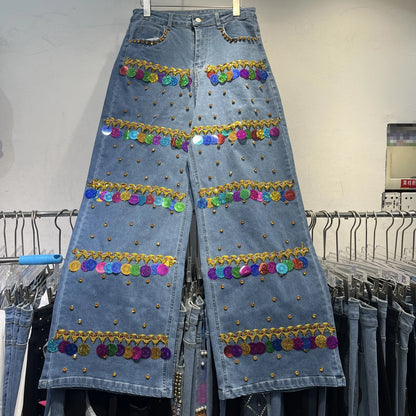 Sequined Denim Rhinestones Jeans Sleeveless Cowboy Vest + Jeans Pants