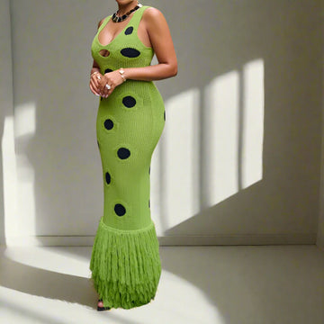 Women Knitted Maxi Dress Hollow Out Deep Neck Tassel Hem Maxi Dress