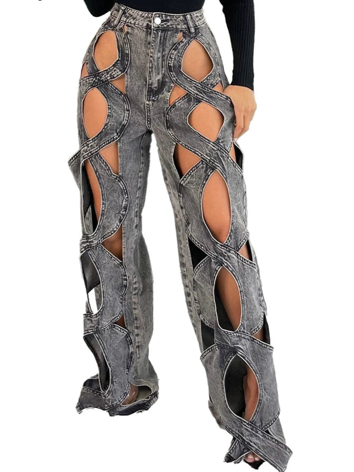 Stretchy Cross Hollow Out Loose Denim Cargo Pants for Women