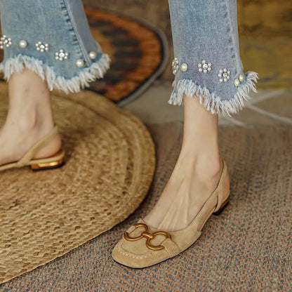 French Low Heel Retro Toe Cover Sandals Women Summer Empty Horse Bit Faux Leather Strap Sandals