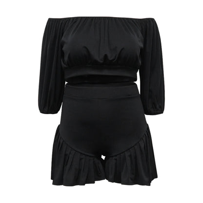 Plus Size Women's Set Long Sleeve Slash Neck T-Shirt and Shorts Summer Two 2 Piece Set
