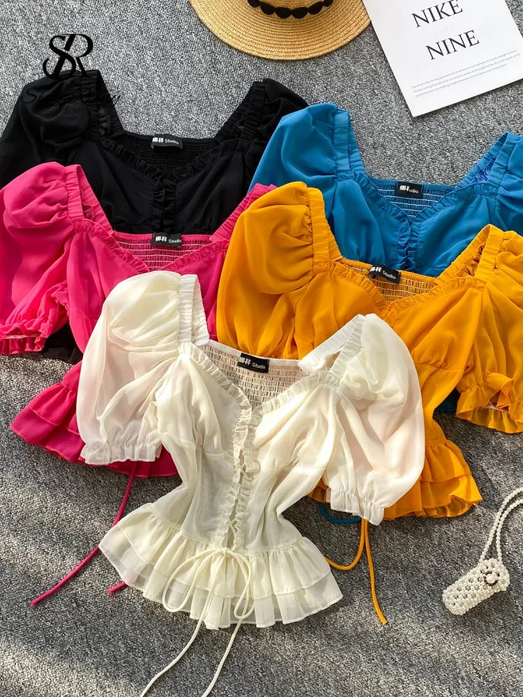 French Style Chiffon Blouse Square Neck Short Sleeves Ruffles Lace Up Beach Top