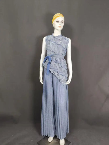 Women's Casual Sleeveless Blouse and Loose Wide Leg Pants Two-piece Set