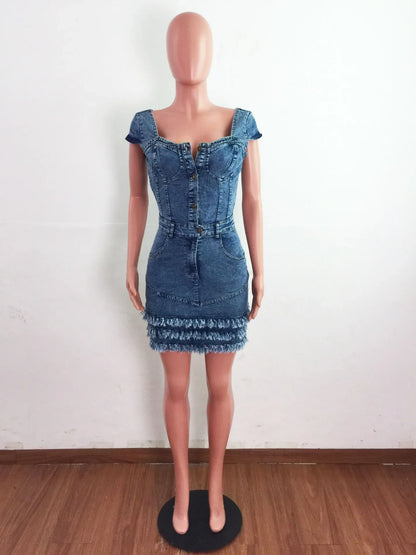 Women Sexy Short Sleeve Denim Dress Slim Fit Tassel Package Hip Pocket Button Denim Dresses Sheath Backless Tight High Waist
