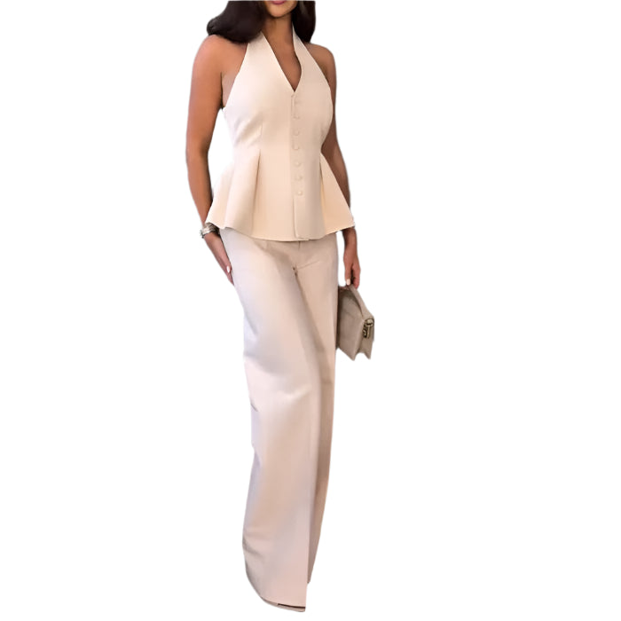 Women's Trouser Suits Sleeveless Halter Top Straight Pants Two Piece  Sets
