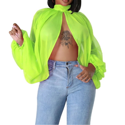 Womens Chiffon Blouse Sexy See Through Lantern Sleeve Front Back Open High Neck Blouses Tops