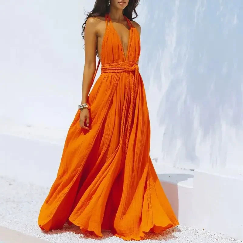 Backless Sexy V Neck Bohemian Long Dress Summer Maxi Sundress Vacation Outfit