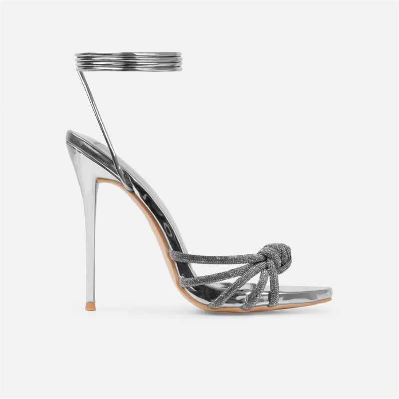 Silver Crystal Narrow Band Women's Heel Sandals Summer Party Wedding Prom Shoes Platform Open Toe High Heels