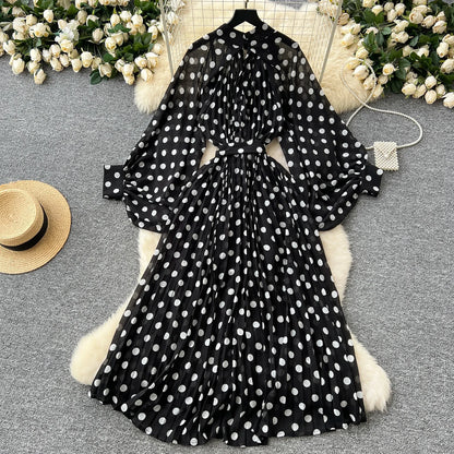 Women Elegant Long Flare Sleeves Vintage Bow neck Bow Loose Midi Dress