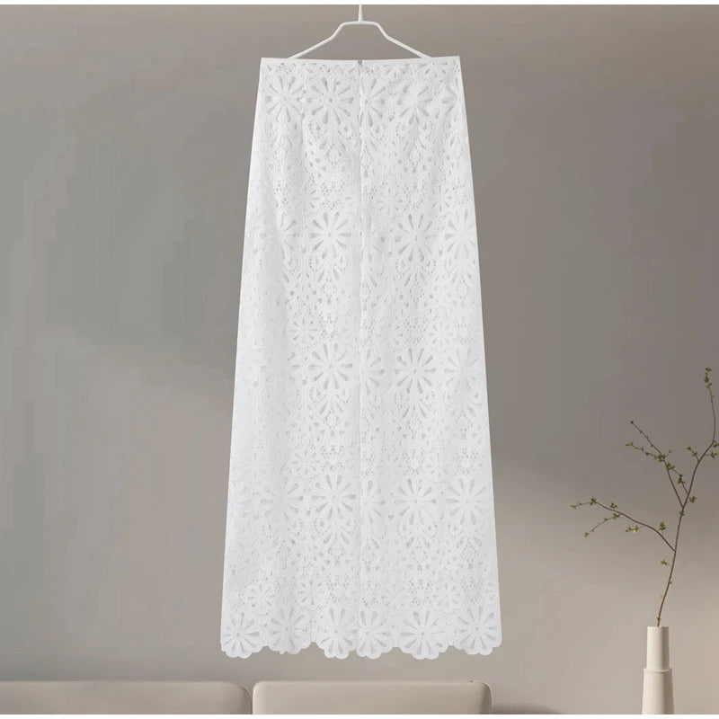 Summer Vacation See Through Crochet Top Women Set Hallow Out Flare Long Sleeve Skirts Set