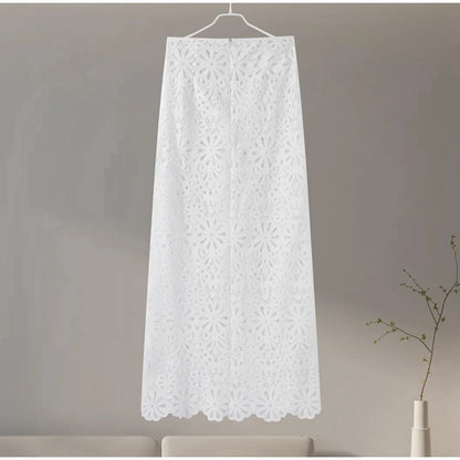 Summer Vacation See Through Crochet Top Women Set Hallow Out Flare Long Sleeve Skirts Set