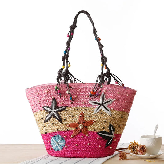 Bohemian Hand Embroidered Starfish Straw Woven Bag Beaded Handbags For Ladies