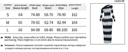 Contrast Patchwork Inclined Shoulder Striped Women Print Maxi Bodycon Dress