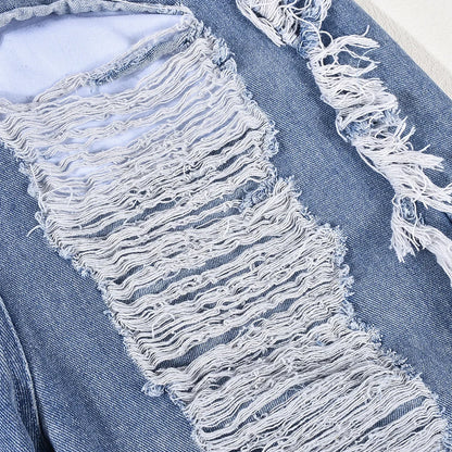 Slim Fit Denim V-neck Backless Tassel Trendy Jumpsuit Women's Strapless High Waist Ripped Pocket Sexy Street Rompers