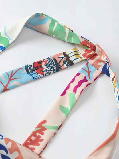 Colorful Printed Suspenders Skirt Set Women Patchwork Quilted High Waist Skirt Two Piece Summer