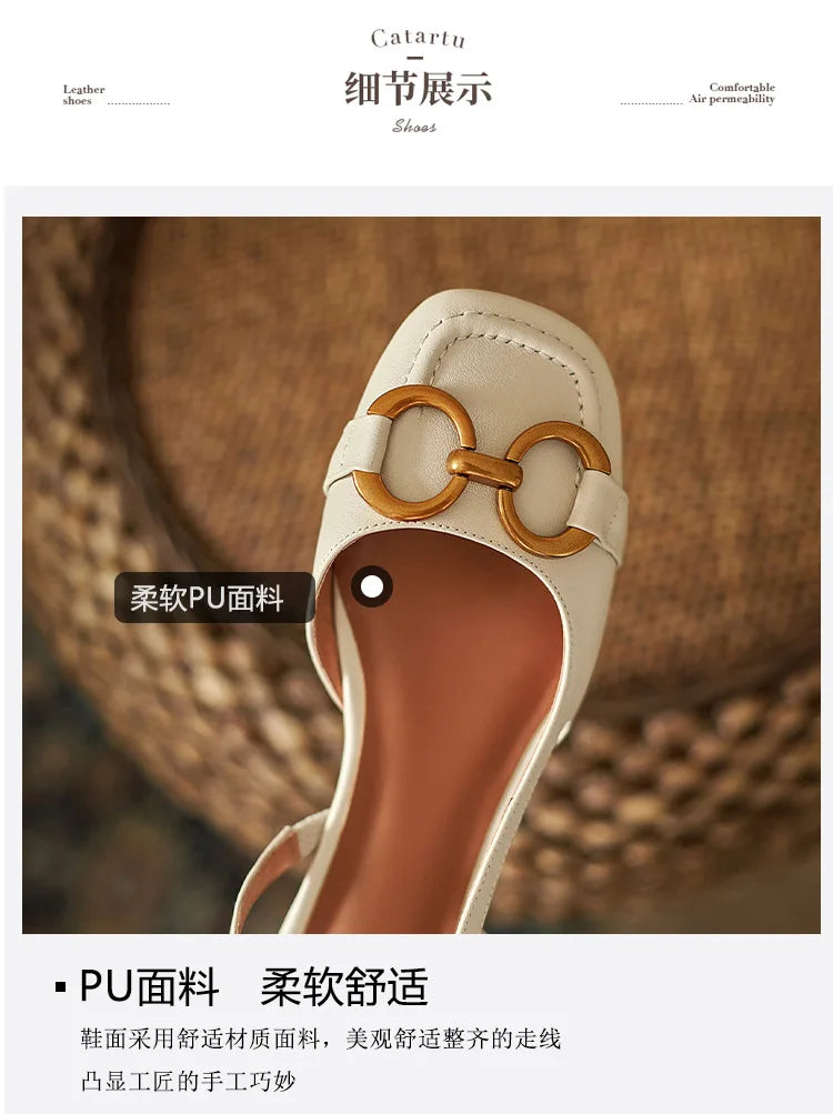 French Low Heel Retro Toe Cover Sandals Women Summer Empty Horse Bit Faux Leather Strap Sandals