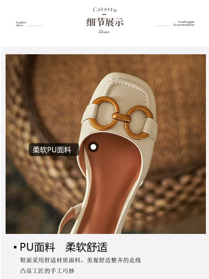 French Low Heel Retro Toe Cover Sandals Women Summer Empty Horse Bit Faux Leather Strap Sandals