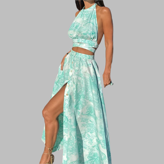 Sleeveless Halter Blouse Tops & Button Slit Skirts Set Pattern Print Party women Sets