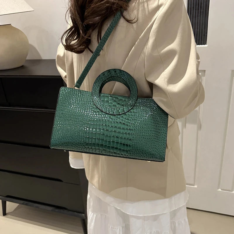 Women's Crocodile Pattern PU Leather Handbags Green Square Bag