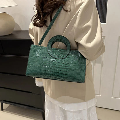 Women's Crocodile Pattern PU Leather Handbags Green Square Bag