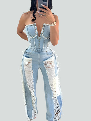 Slim Fit Denim V-neck Backless Tassel Trendy Jumpsuit Women's Strapless High Waist Ripped Pocket Sexy Street Rompers