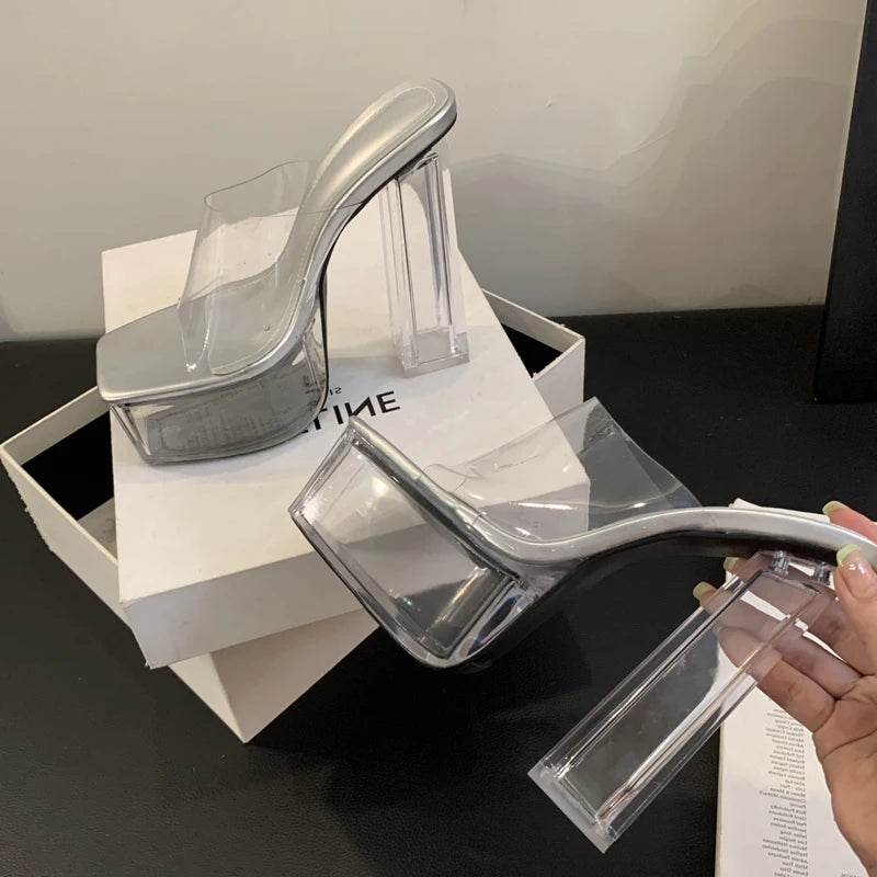 PVC Transparent Slippers Women Square Toe Platform High Heels