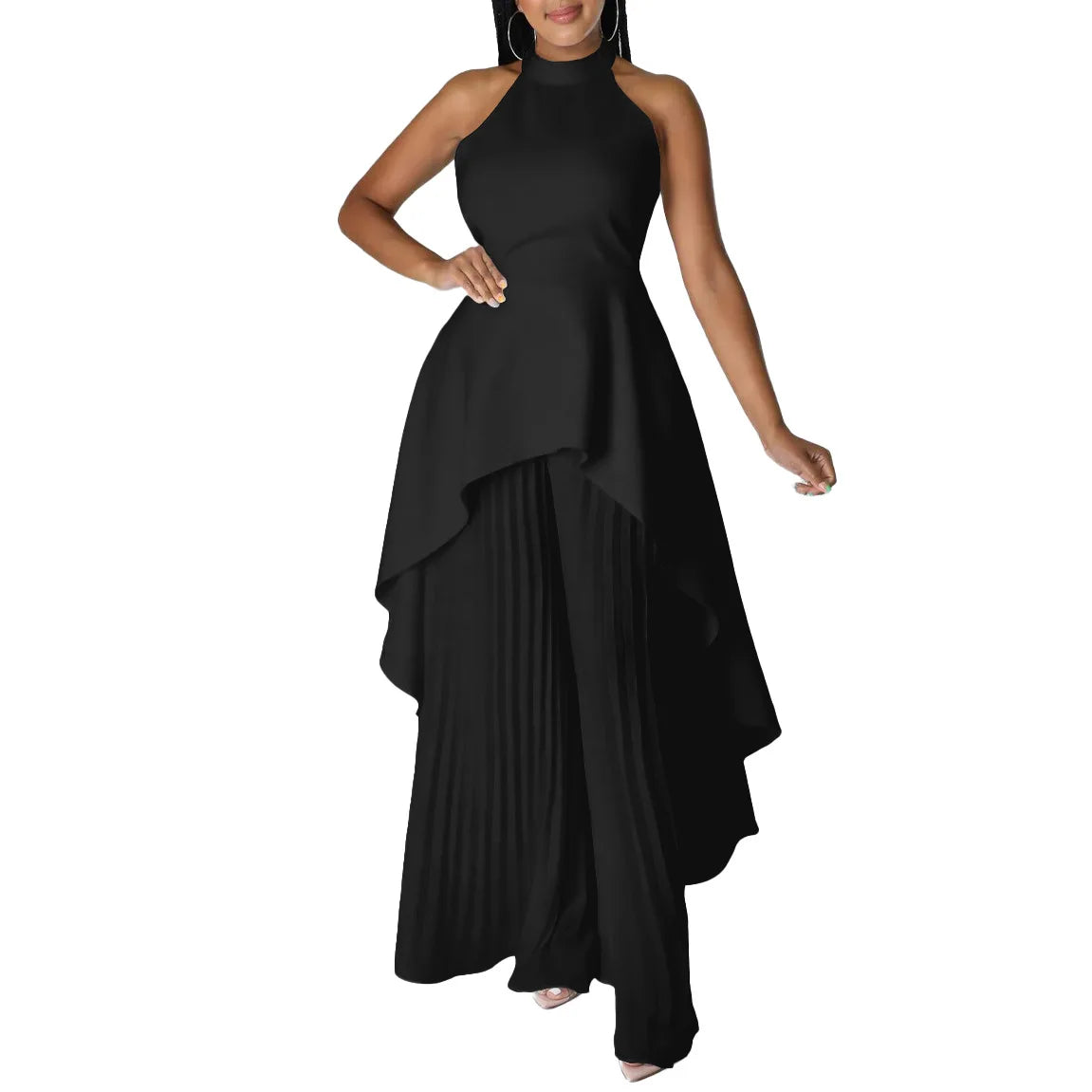 Elegant Two Piece Set Women Outfit Backless Top Hundred Pleated Wide Leg Pants Trousers Suit Summer Office Lady Suit