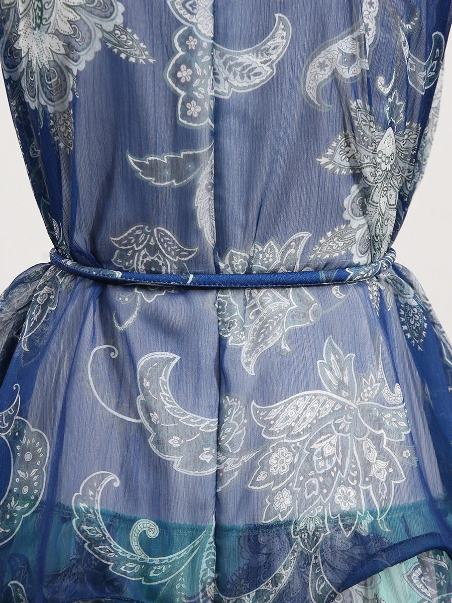 Colorful Print Ruffle Maxi Dress Spliced Lace Up Robe for Women Round Neck Sleeveless High Waist Patchwork Ruffles Dress