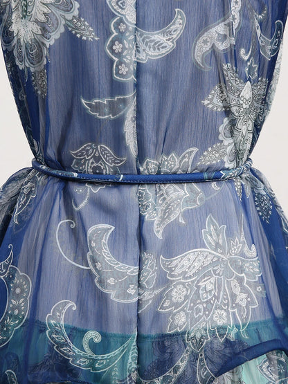 Colorful Print Ruffle Maxi Dress Spliced Lace Up Robe for Women Round Neck Sleeveless High Waist Patchwork Ruffles Dress
