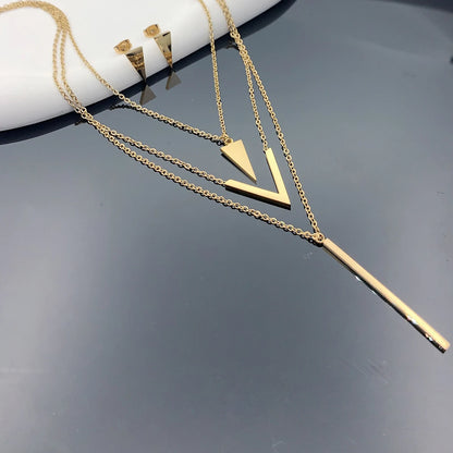 3 Piece Women's Stainless Steel V-shaped Geometric Pendant Multi-Layered Necklace
