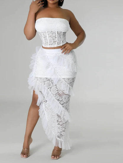 Two 2 Piece Sets for Women White Lace See Through Sleeveless Strapless Top and Ruffles Long Skirt Set