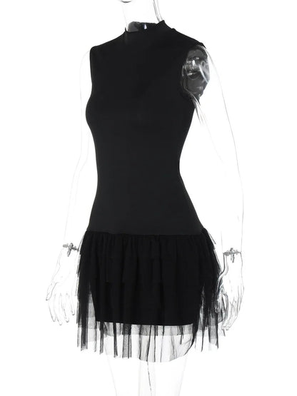Black Mini Dress Sleeveless Mesh Patchwork Mini Evening Prom Dress Bodycon