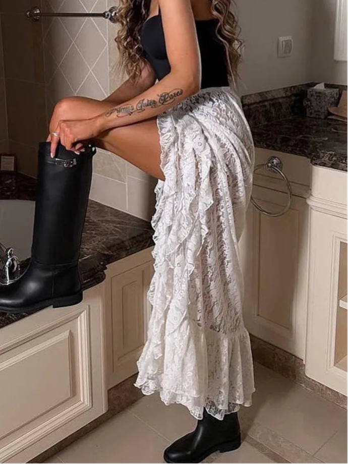 Lace Skirt Transparent Maxi Lace Skirts for Women Asymmetrical Ruffle Lace Skirt