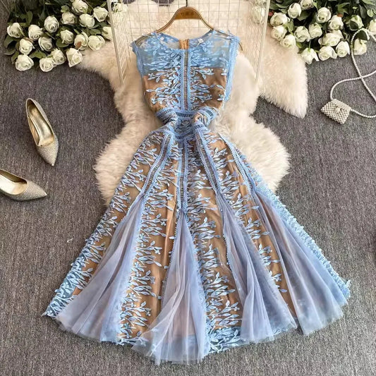 Solid Mesh Embroidery Dress Women's Sleeveless Round Neck Hollow Out Tulles Vestido