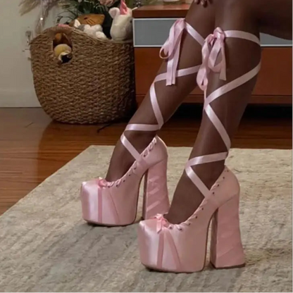 Lace Up Cross Straps Bow Lolita Shoes Women Platform Satin Sandals Sweet High Block Heels Square Toe Thick Bottom Women Pumps