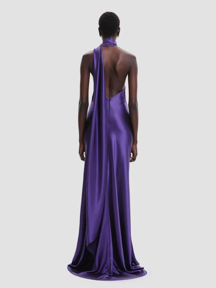 Bridesmaids Neck 3D Flower Backless Long Dress Women Purple Sleeveless Ribbon Draped Maxi Dress