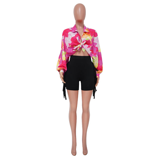 Women's Printed Shirts V-neck Cover Belly Style Top
