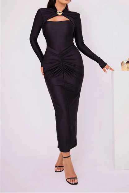 Hollow Out Long Sleeve Maxi Dress For Women Metal Buckle Bodycon Cocktail Dress
