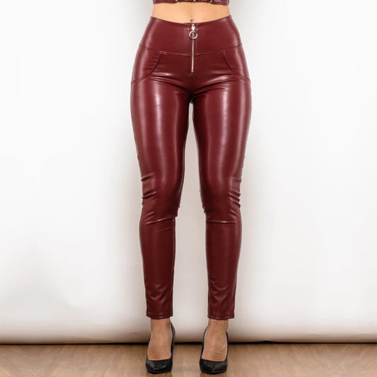 Glossy Pants High-Waisted Metallic Leather Leggings Scrunch Butt Pants for Women