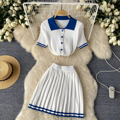 Mini Skirt Set Women Two Piece Sets Polo Collar Knit Shirt Tops Skirt Sets Casual Y2k