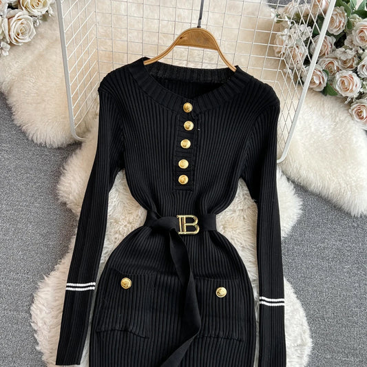 Elegant Rib Knit Long Pencil Sweater Dress with Belt Knit Dress