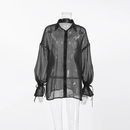 Sexy Transparent Shirt Women Blouse Loose Turn-down Collar Flare Sleeve Lace-up Shirt Top