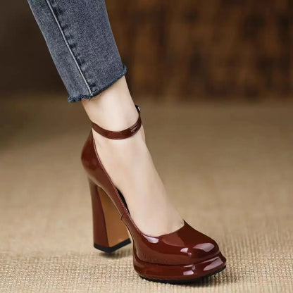 Thick Bottom High Heels for Women Solid Ankle Buckle Elegant Heeled Shoes