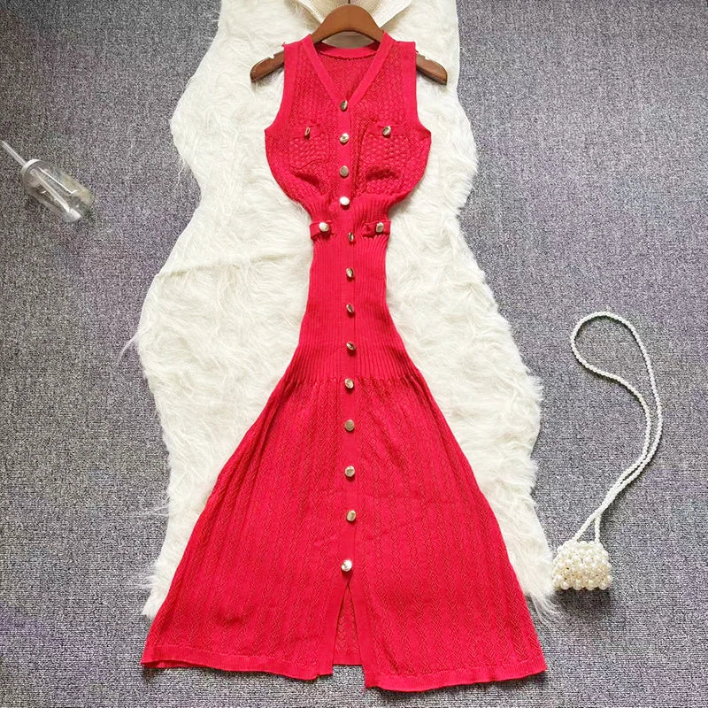 Casual Knitting Long Dress Women Buttons V Neck Hook Flower Hollow Out Chic Maxi Long Dress