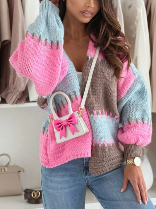 Women's contrasting casual lantern sleeve cardigan sweater Knit wear