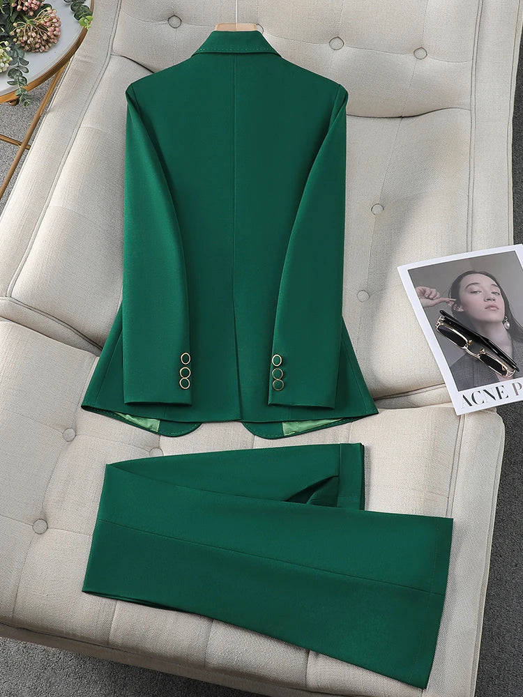 Formal Pant Suit 2 Piece Set Women Green Khaki Red Female Long Sleeve Business Work Wear Blazer