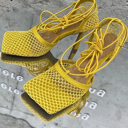 Sexy Mesh Pumps Sandals Female Square Toe High Heel Lace Up Cross-Tied Dress Shoes